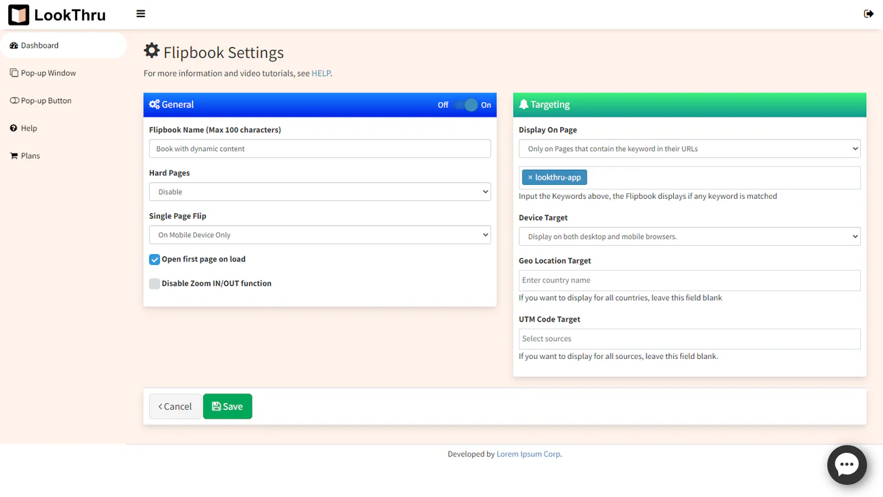 Flipbook settings page.