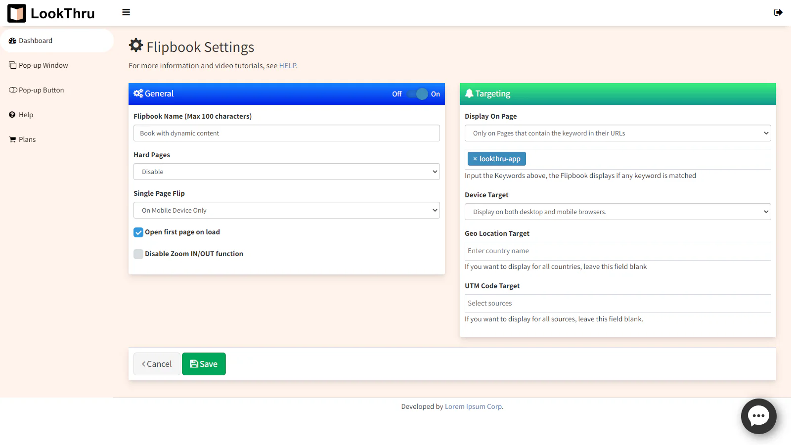 Flipbook settings page.