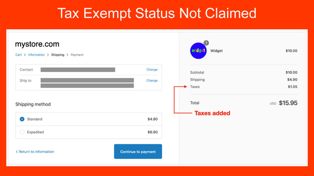 Page des méthodes d'expédition sans statut d'exonération de taxes revendiqué