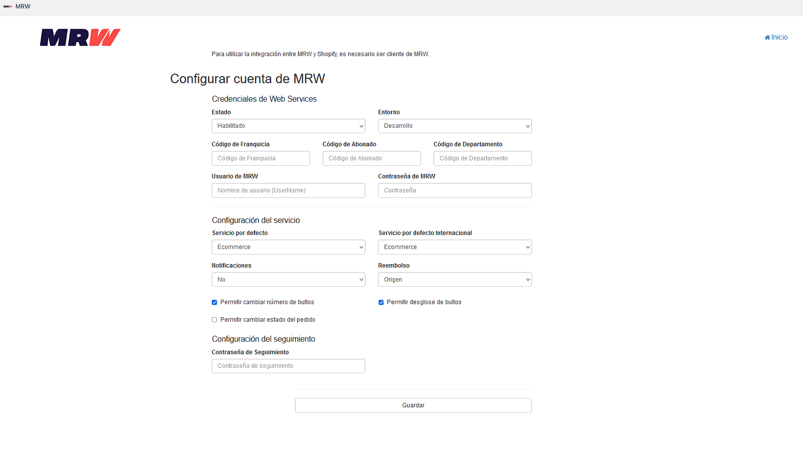 Página de configuración del módulo