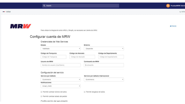 Página de configuração do módulo