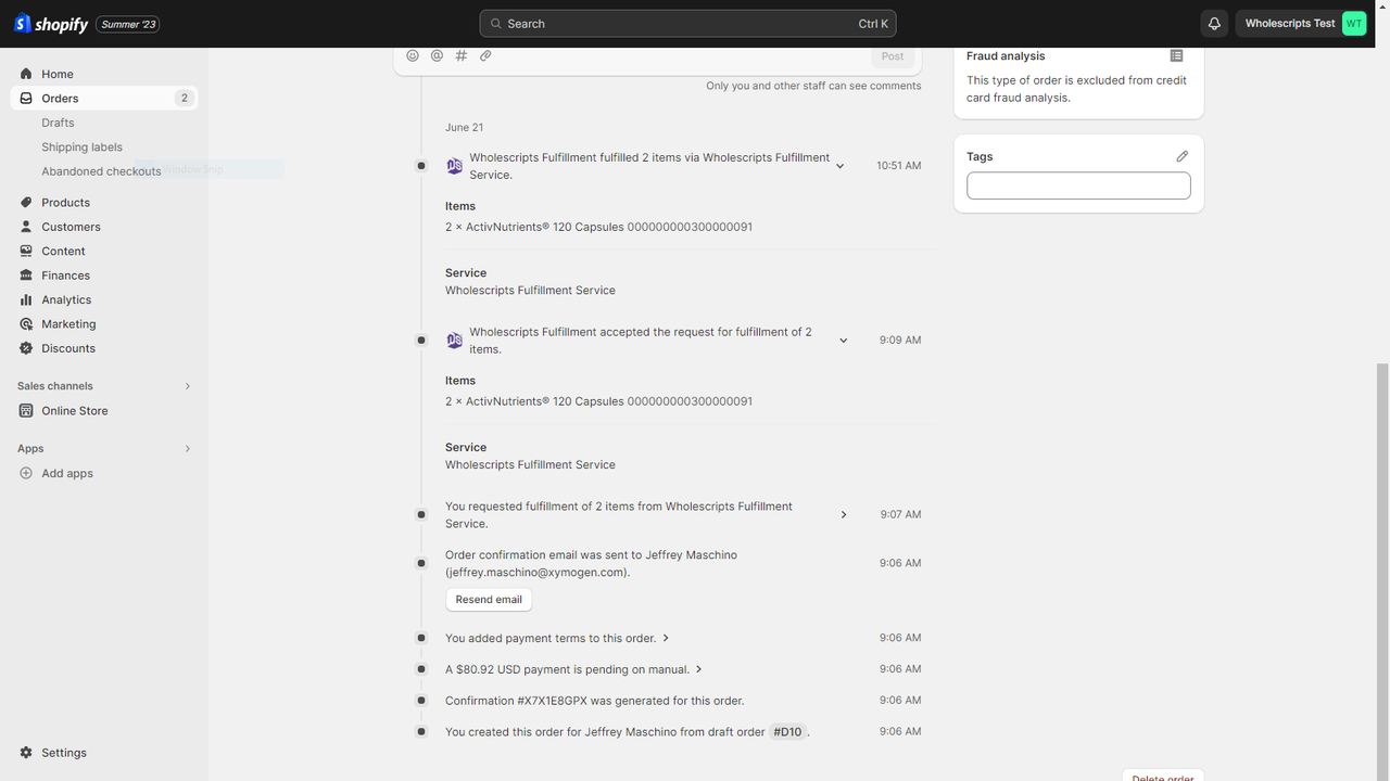 Sample timeline for a completed order