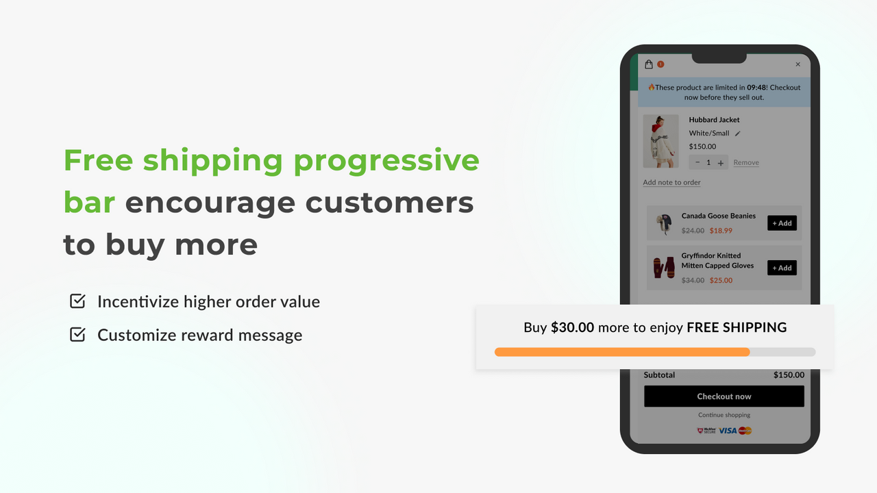 La barra de progreso de envío gratuito anima a los clientes a comprar más