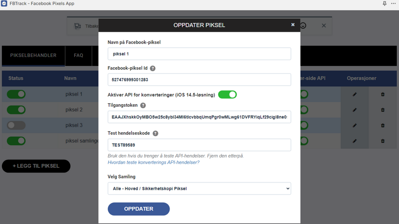 Pixel Facebook-popup dashbord