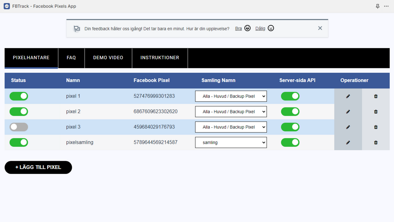 Facebook Pixel Shopify appens instrumentpanel.