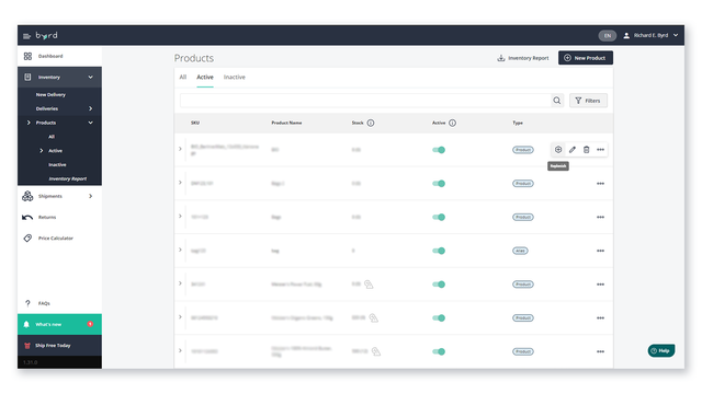 Inventory tab – manage your inventory & create new products