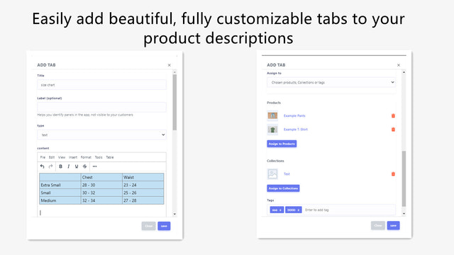 Ajoutez facilement de beaux onglets entièrement personnalisables à votre description de produit