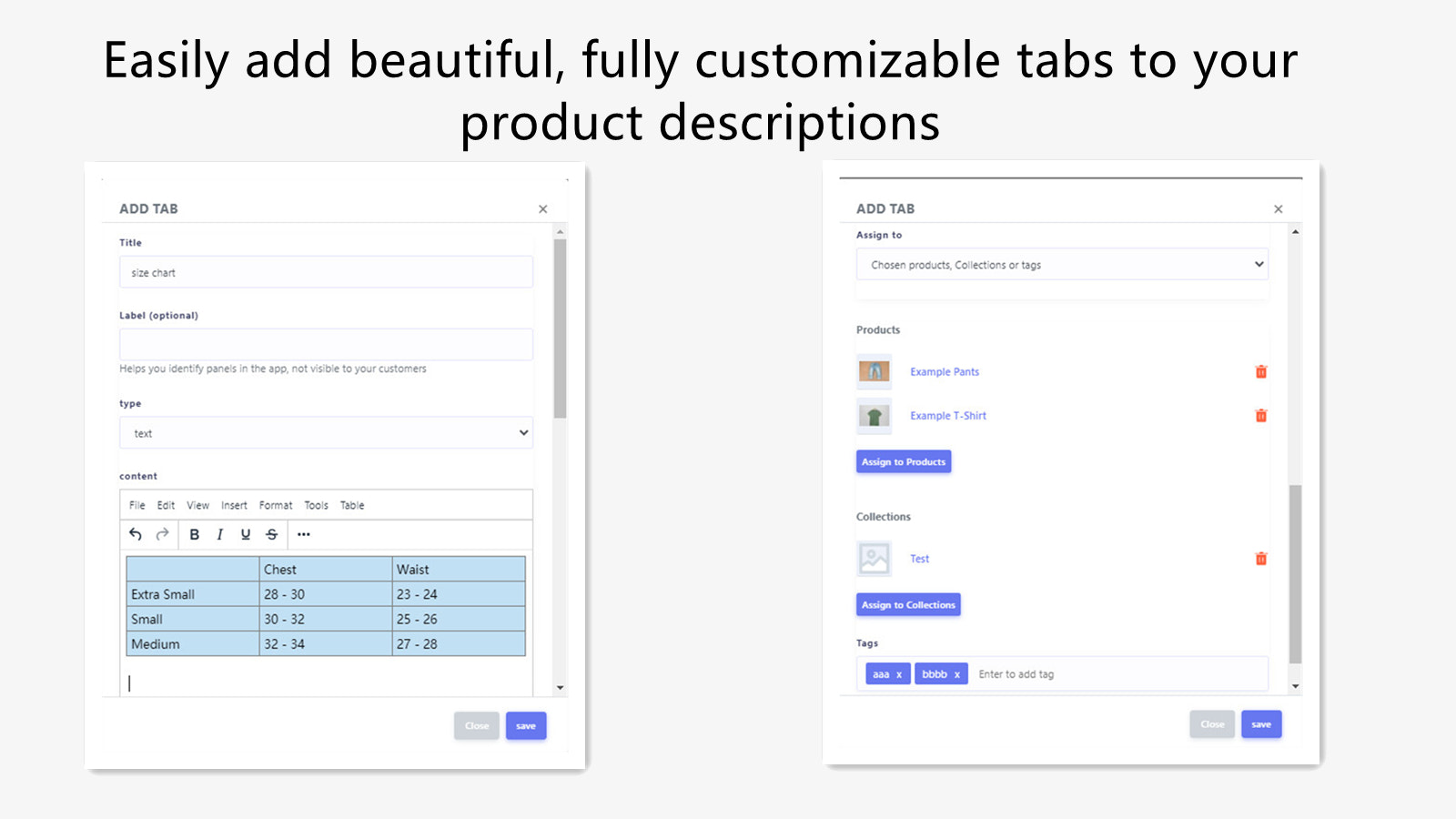 Easily add beautiful, fully customizable tabs to your product de