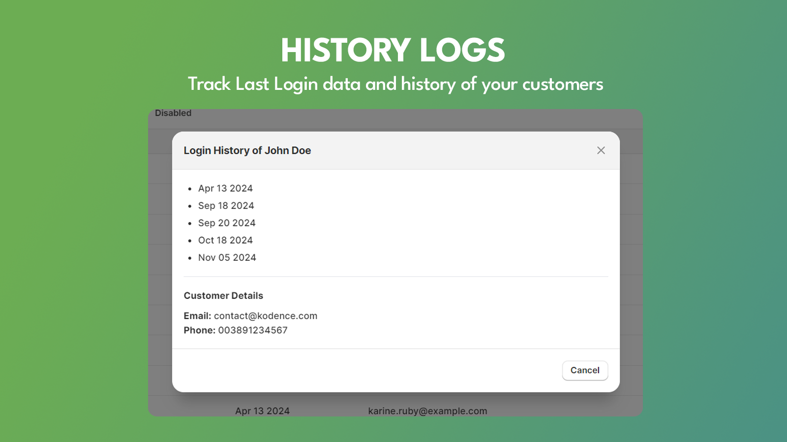 Tickr Customer Login History Screenshot