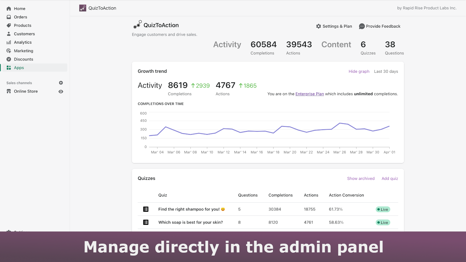 Manage quizzes with ease directly in the admin panel