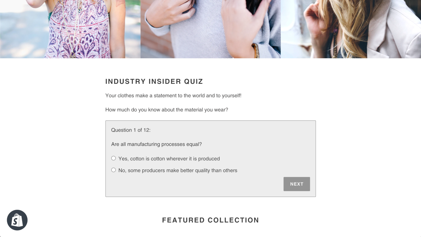 Quiz in online Shopify winkel