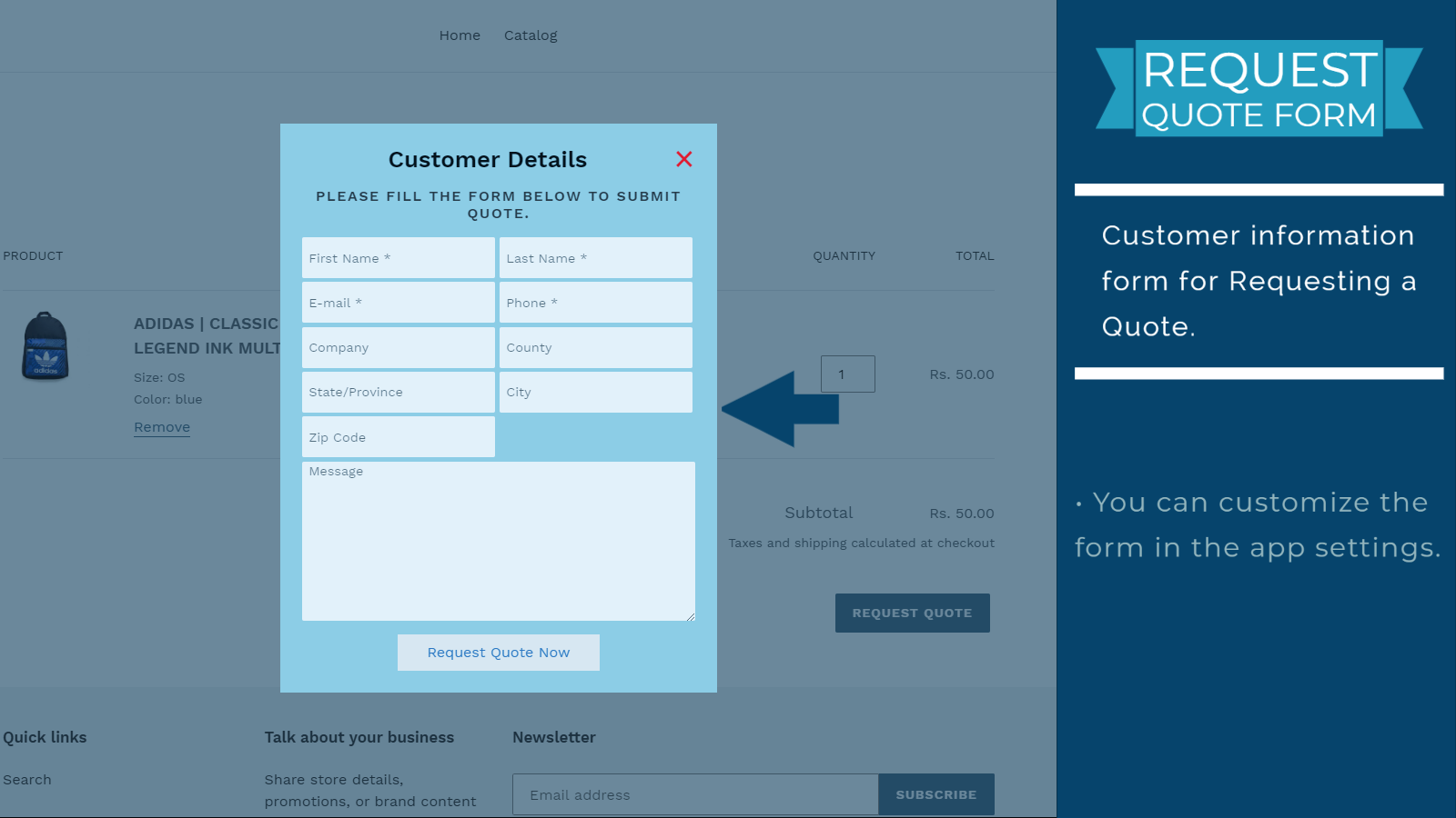 Formulário de Solicitação de Orçamento para o cliente.