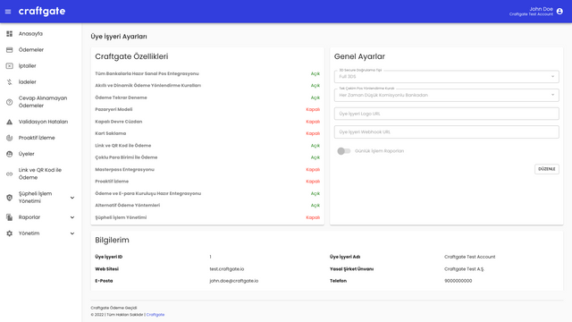 Craftgate - Merchant Panel - Settings Page