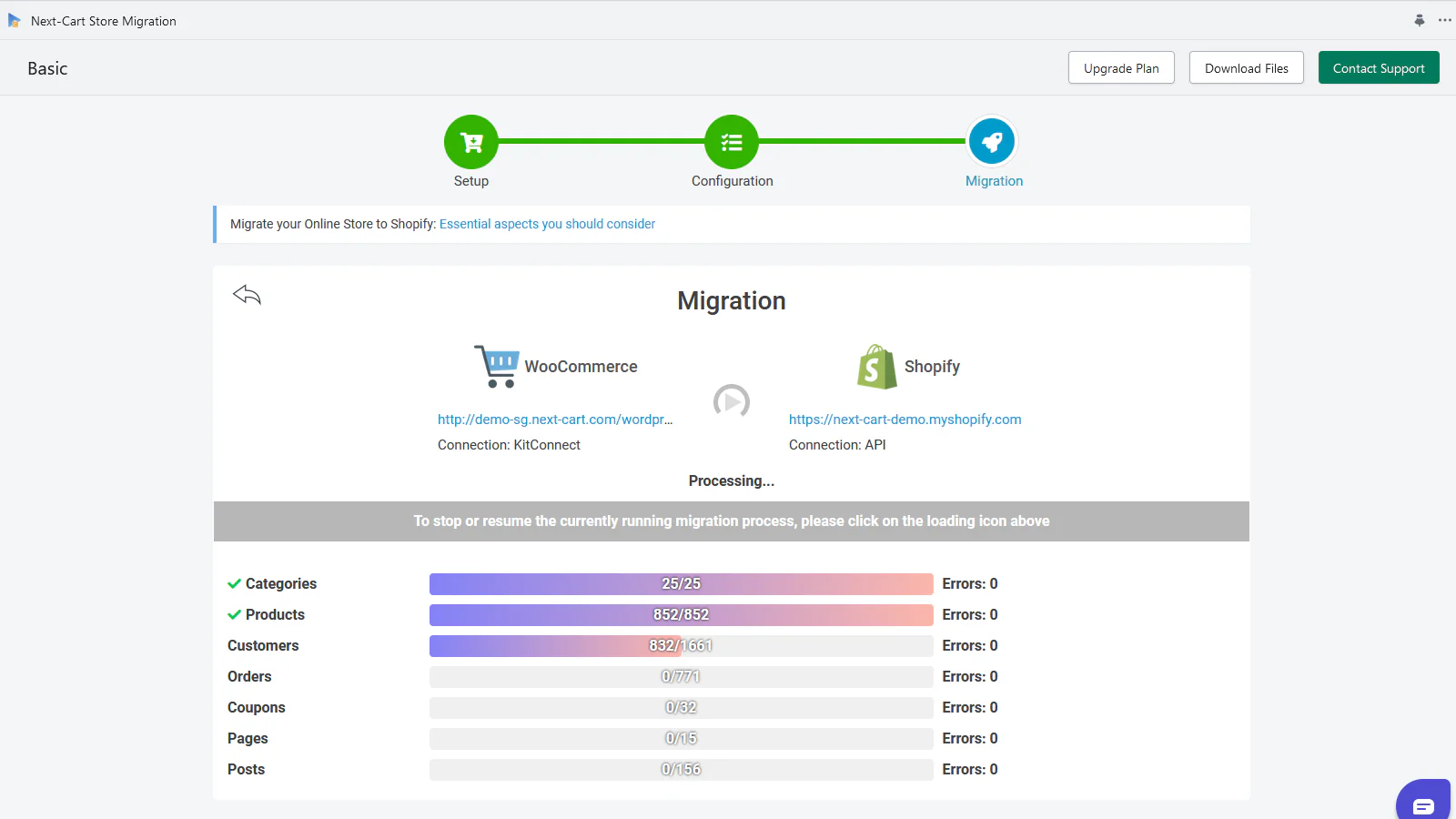 processamento de migração do woocommerce para shopify