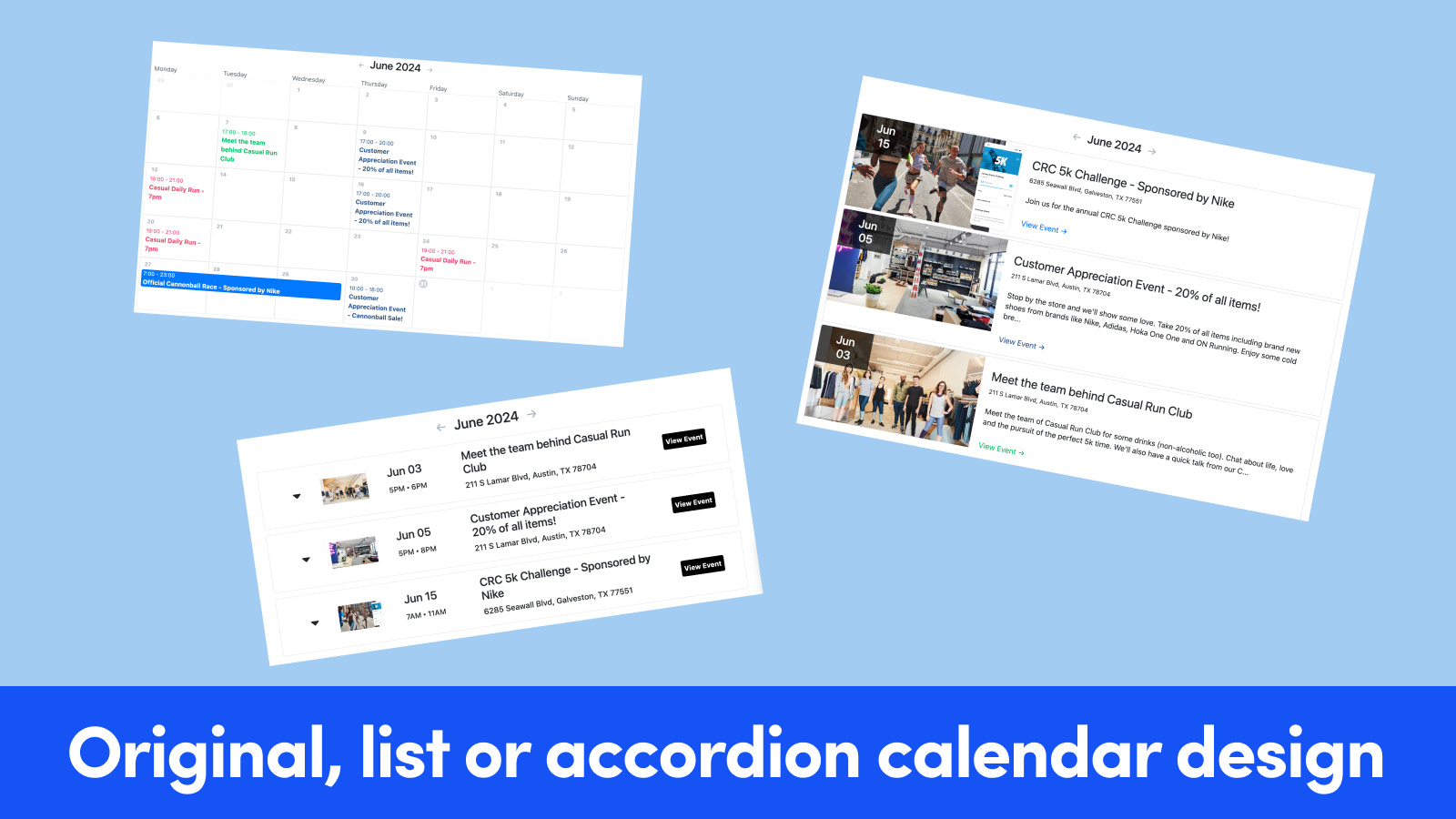 Original, list or accordion calendar design options