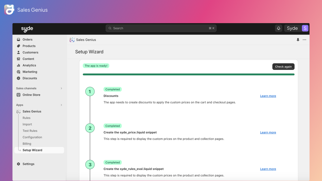 Asistente de configuración para configurar la aplicación fácilmente