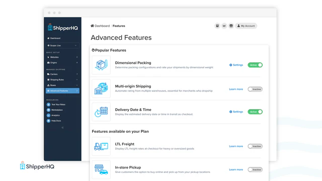 Visão do Painel do ShipperHQ de Recursos Avançados