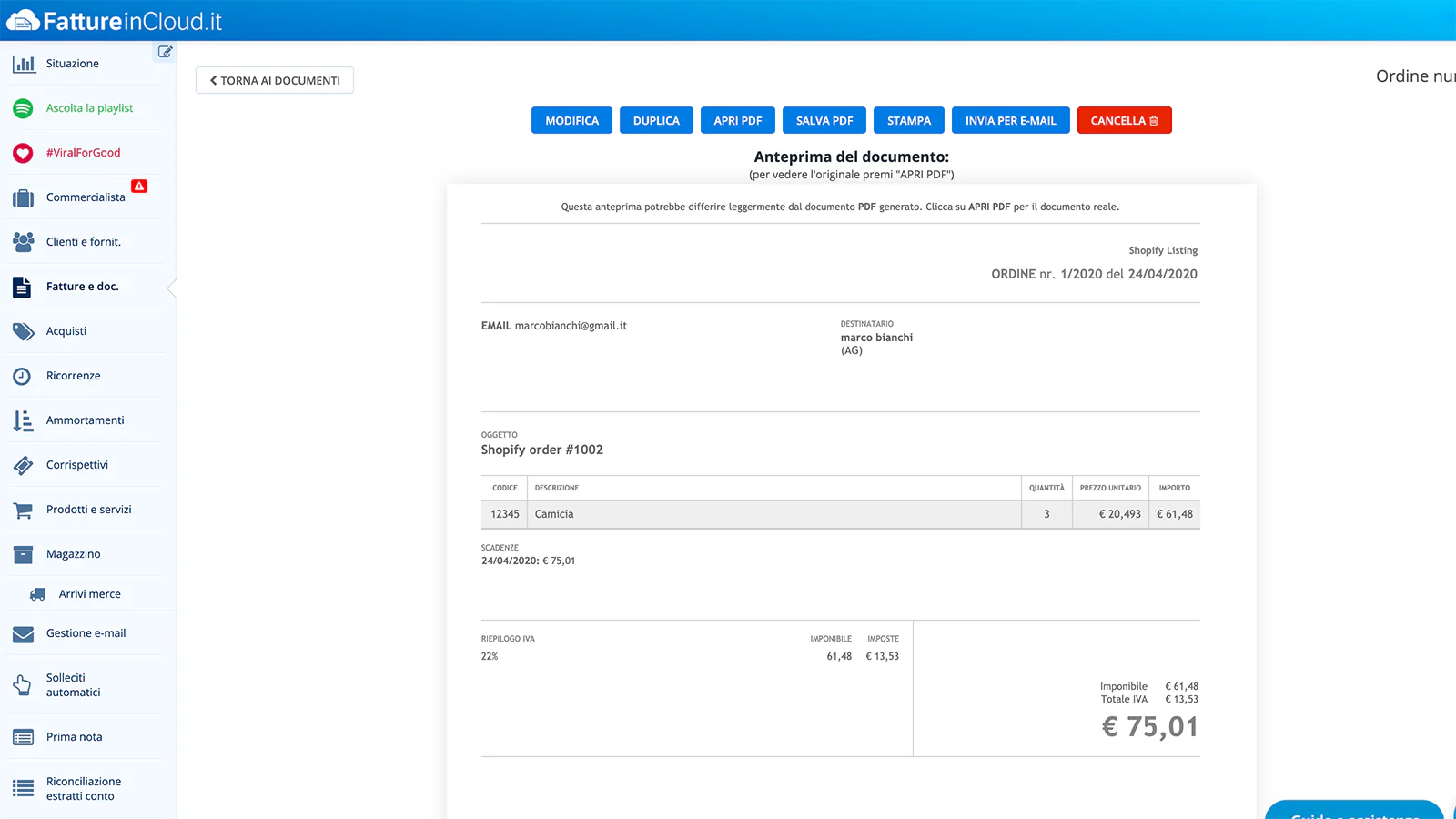 Ordine Fattureincloud