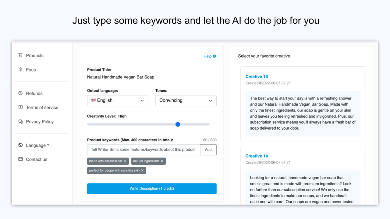 Type some keywords and let A.I. generate product descriptions