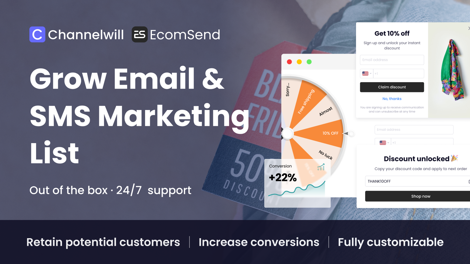 Développez la liste de marketing par email & SMS · Boostez les ventes · Support 24/7