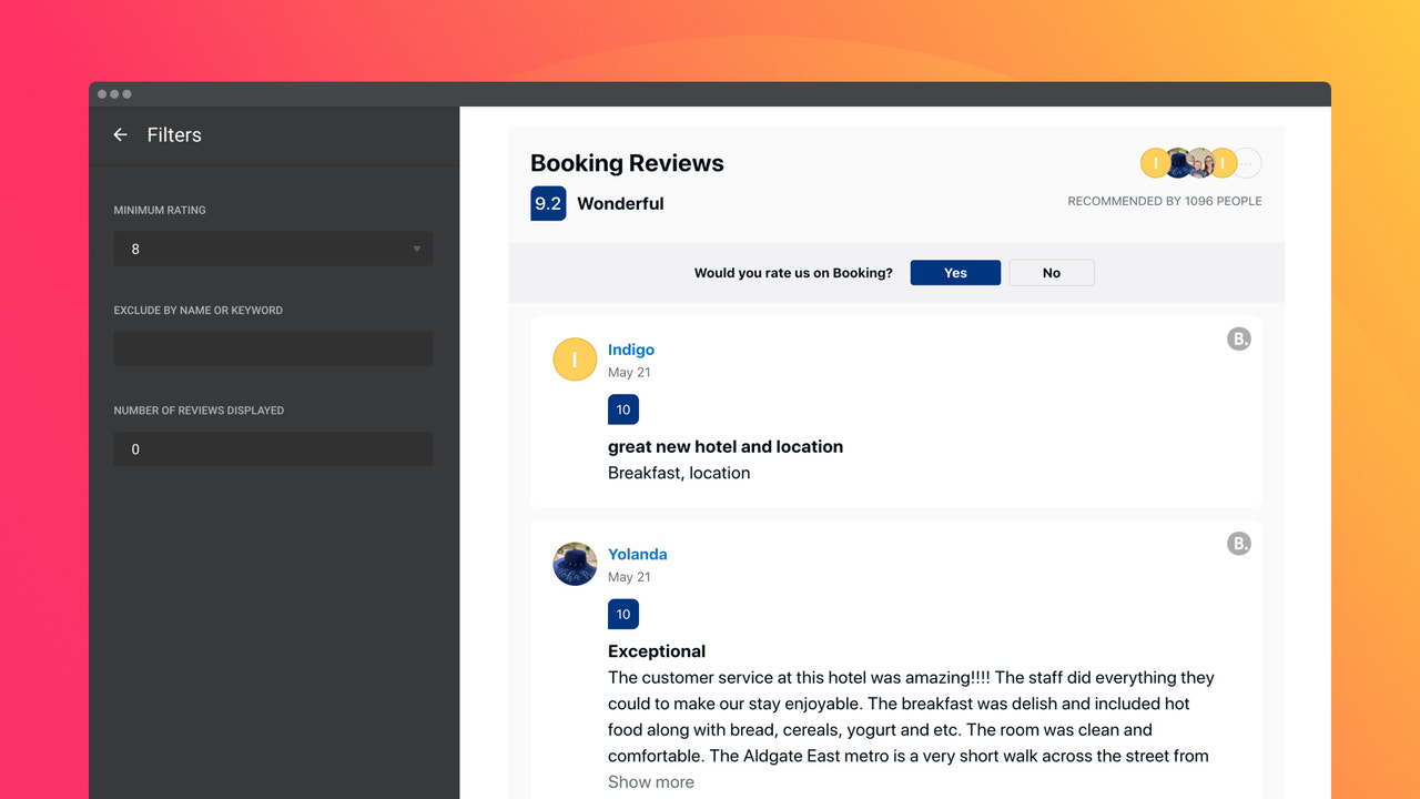 Tre filter för att visa de bästa Booking-recensionerna på din webbplats
