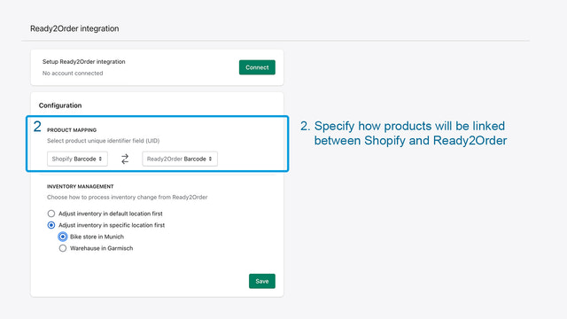 Especifica cómo se vinculan los productos entre Shopify y Ready2Order