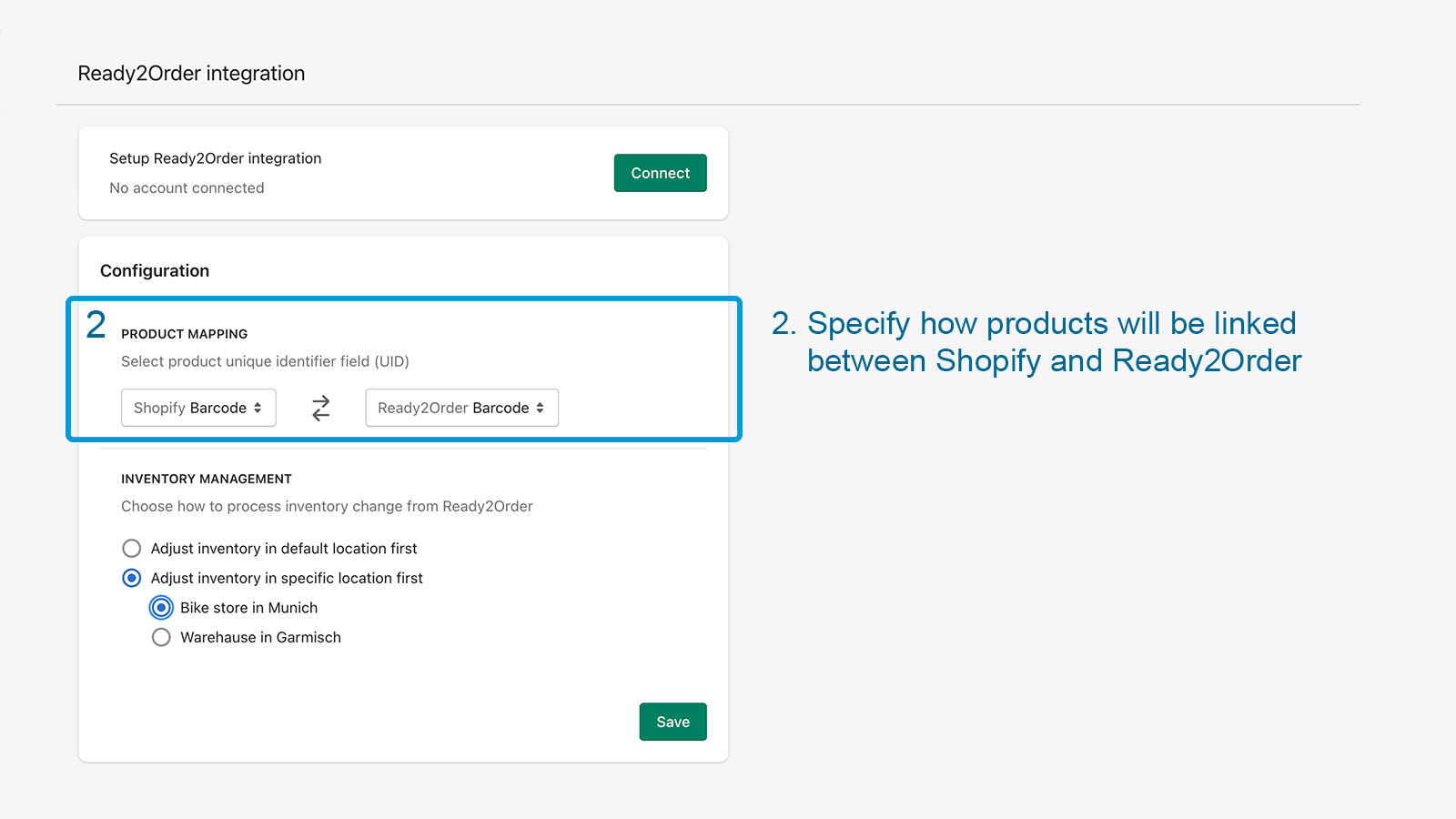 Especifique como os produtos estão vinculados entre Shopify e Ready2Order