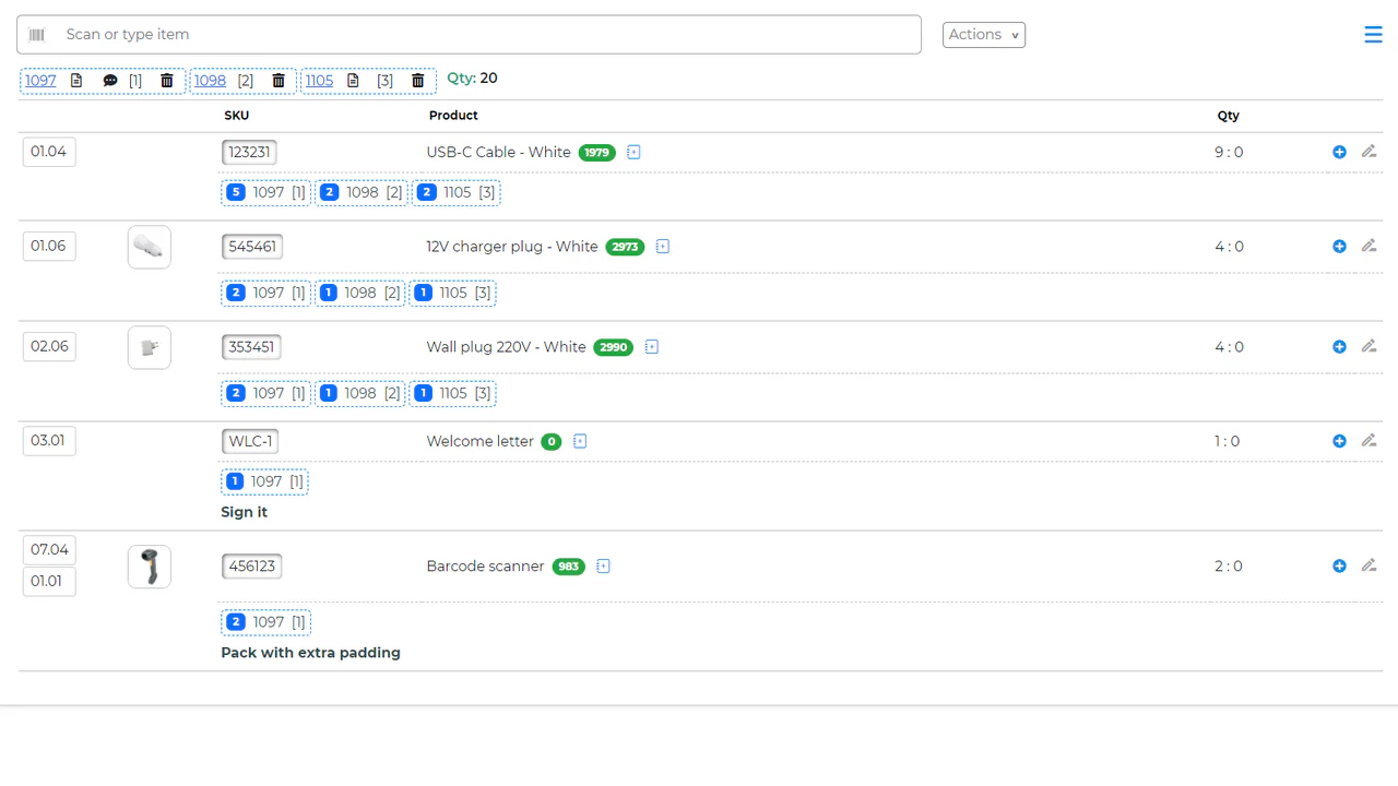 Batch picking, order check, packing, fulfillment report list