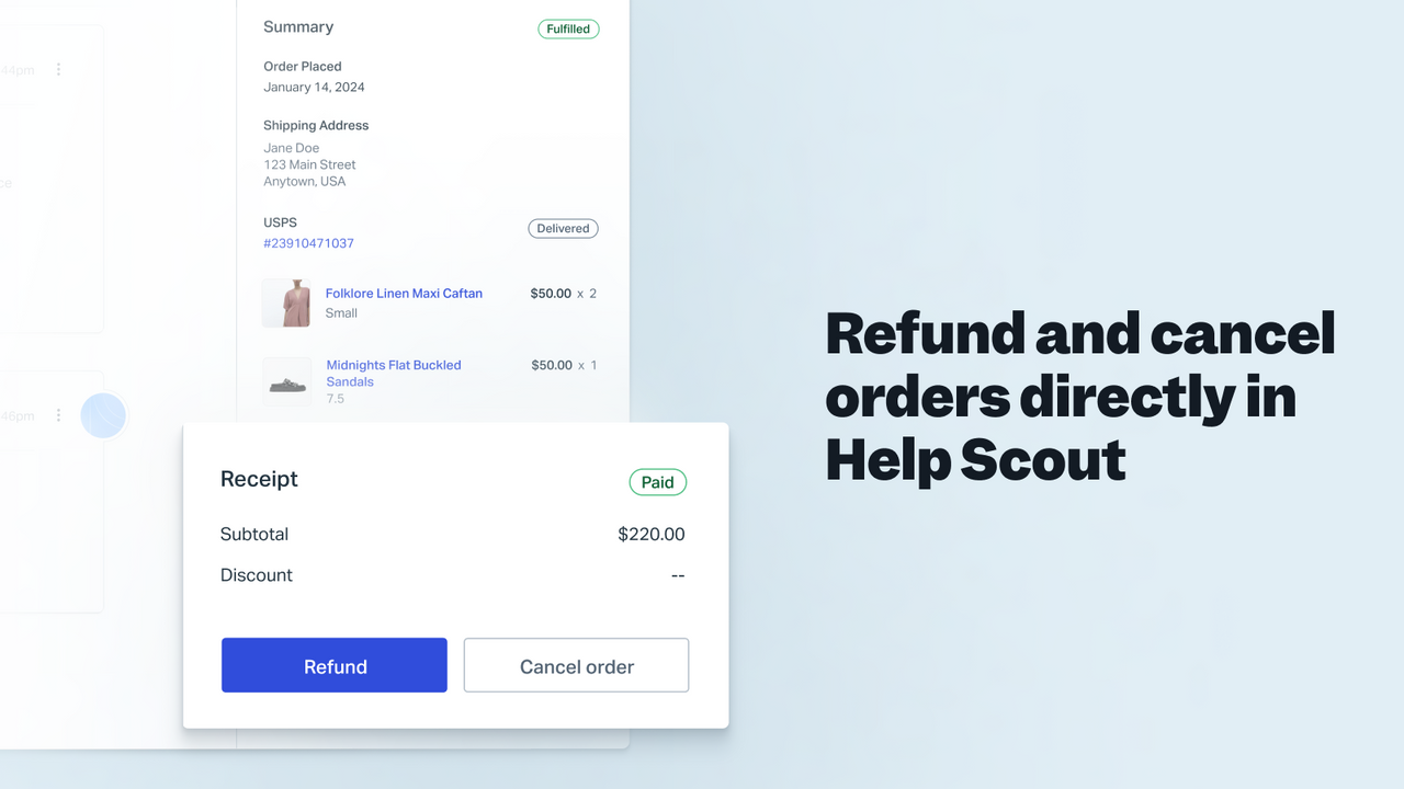 Reembolsa y cancela pedidos directamente en Help Scout