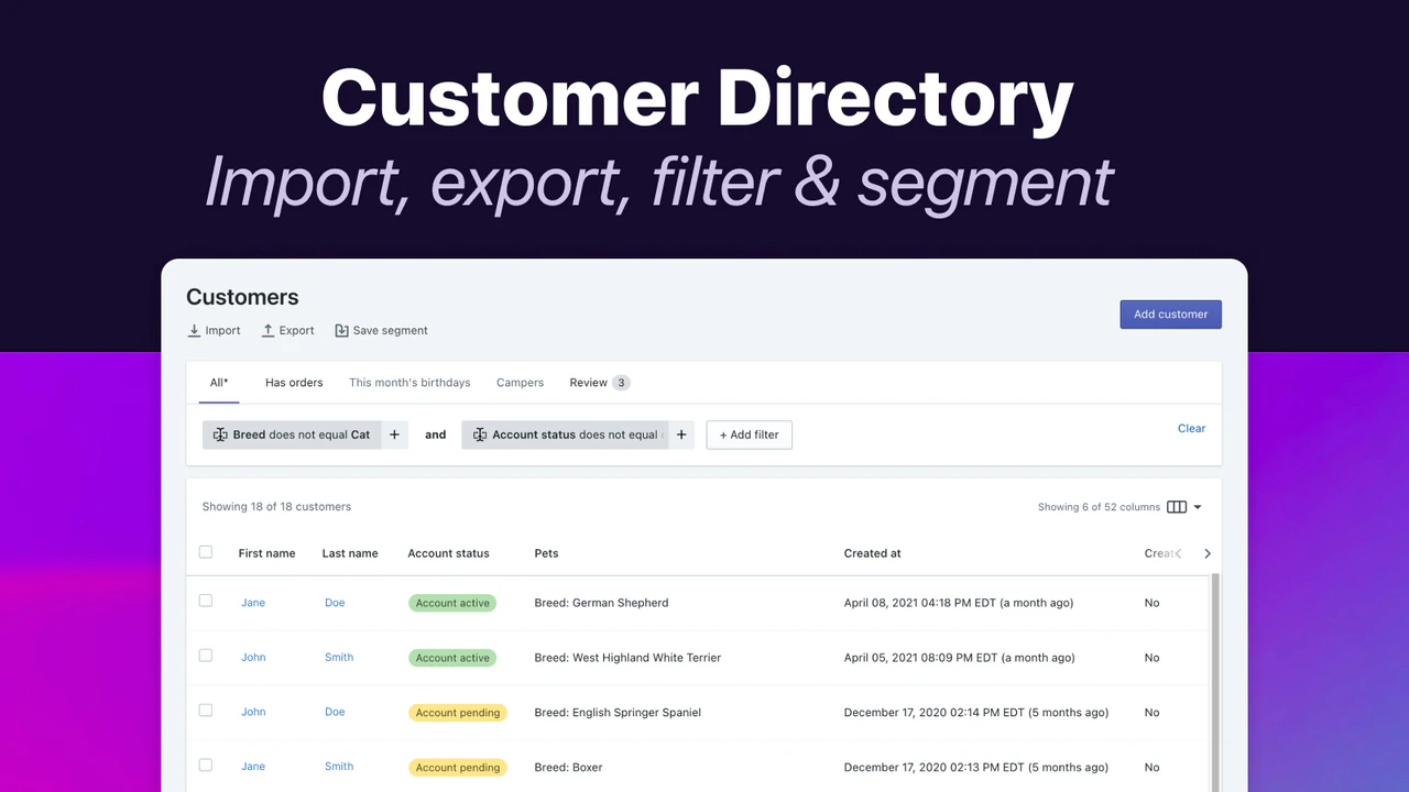 Import und Export, segmentieren Sie Kunden und erstellen Sie Kundenprofile