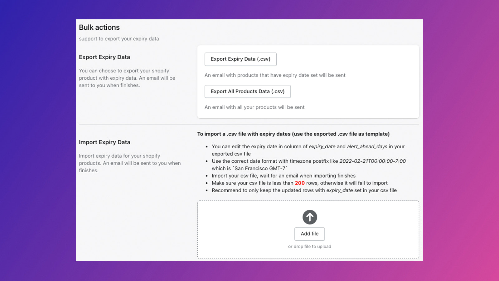 bulk actions of exporting and importing