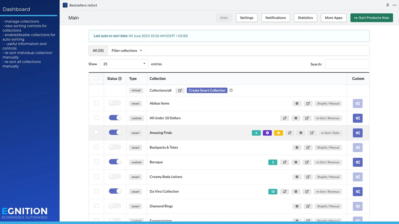 Triez et organisez les collections. Activez le tri et consultez les statistiques.