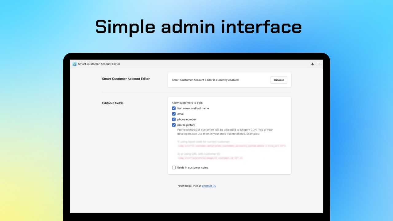 Customer Account Editor for Shopify – admin settings