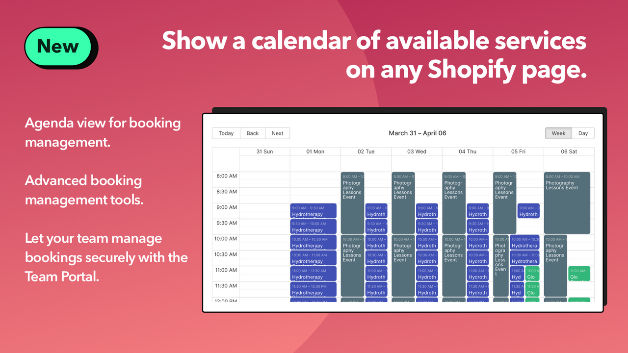 Muestre un calendario incrustado de todos los servicios en cualquier página de Shopify
