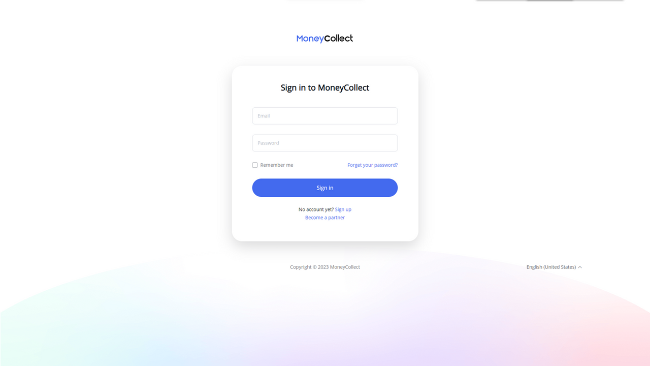 Log in to MoneyCollect Dashboard for authorization.