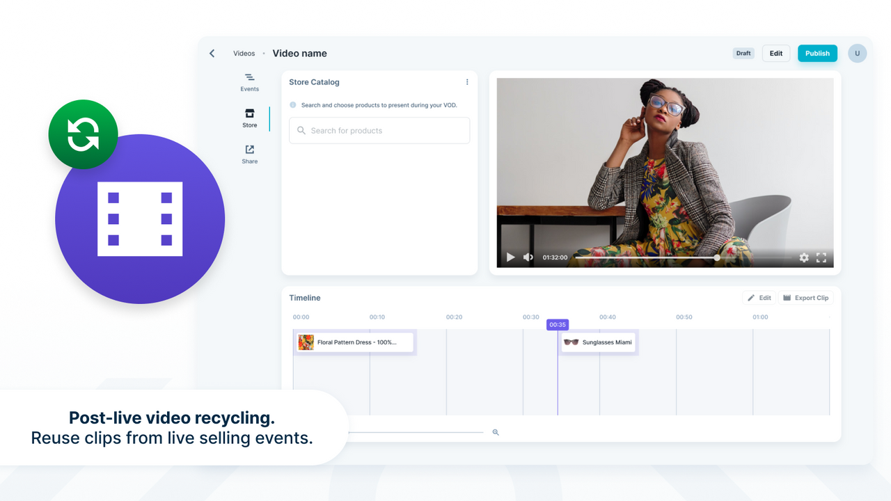 Post-live video recycling. Reuse clips from live selling events.