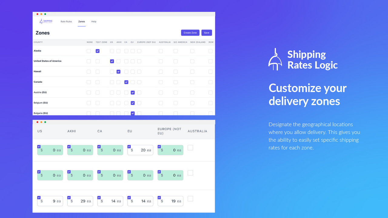 Select available delivery zones and set shipping rates by area.