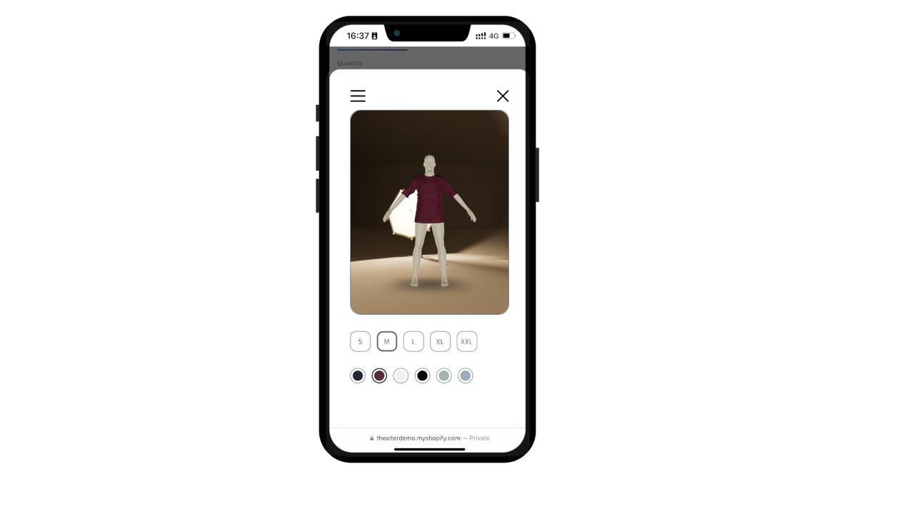 Gebruiker kan de pasvorm in 3D zien op zijn eigen avatar.