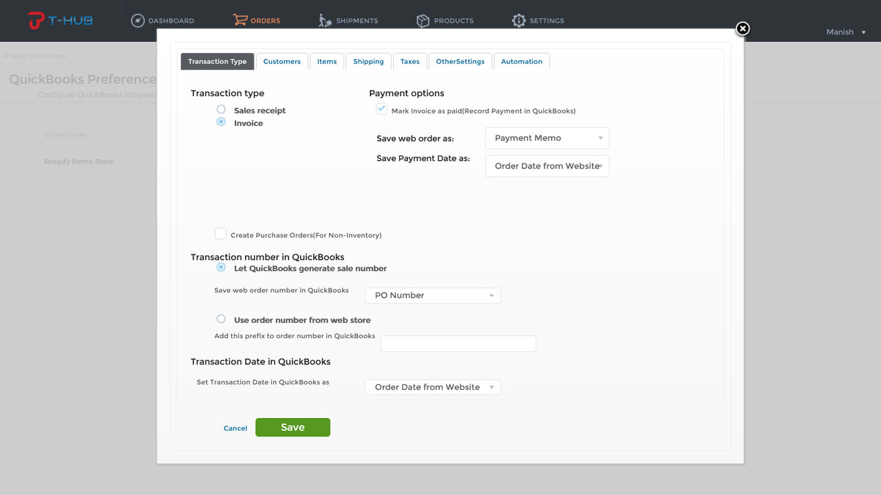 QuickBooks integration settings