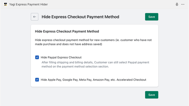 Konfigurationsoberfläche zum Verbergen von Express-Checkout-Zahlungsmethoden