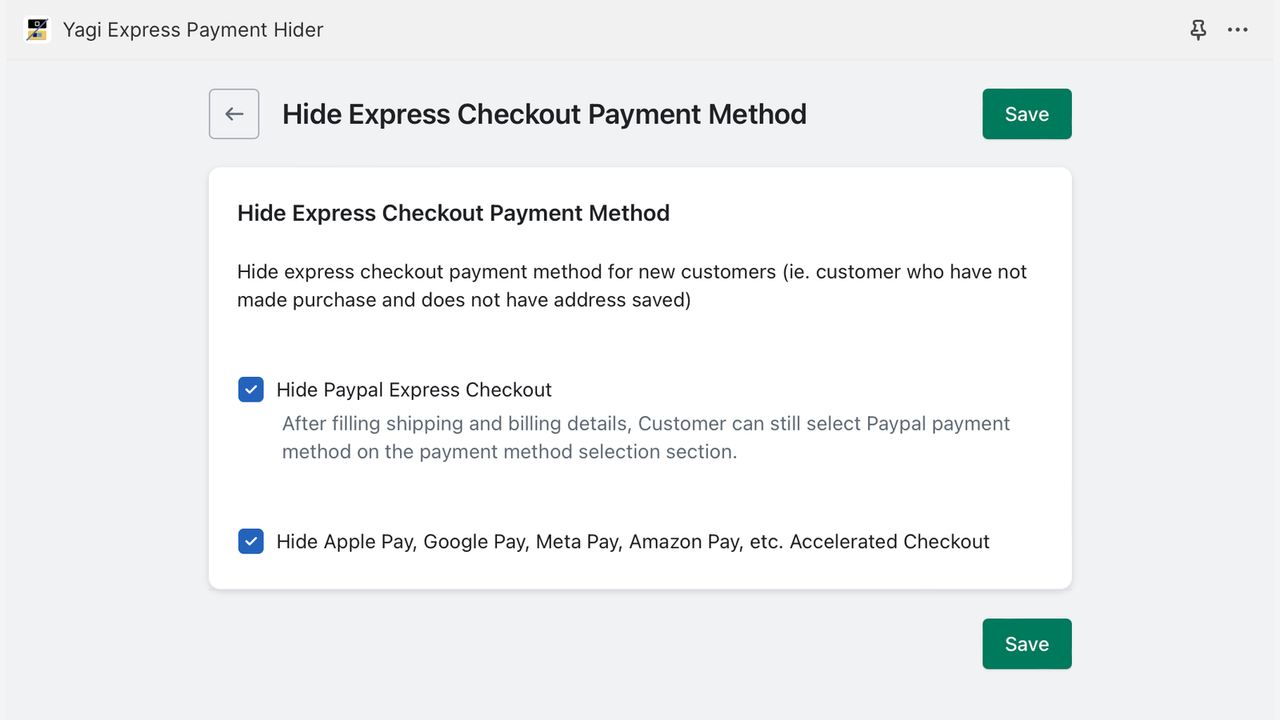 Interfaz de configuración para ocultar métodos de pago express