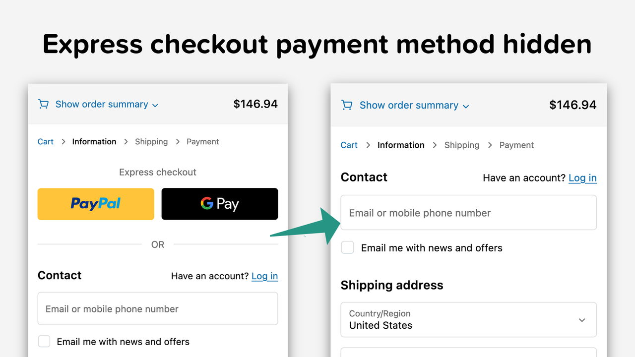 Métodos de pagamento de checkout expresso ocultos no mobile