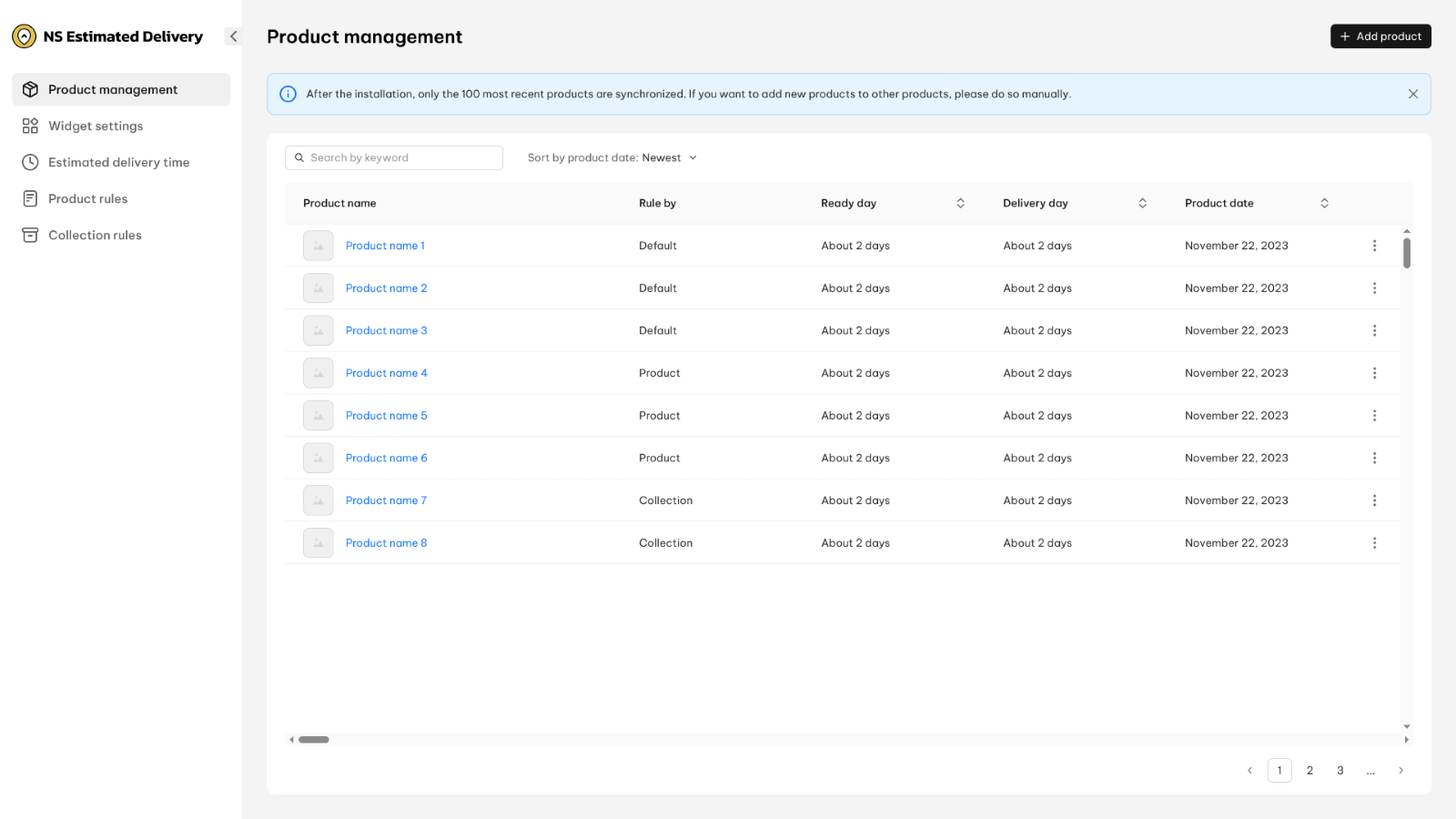 Tableau de bord de l'application Estimated Delivery