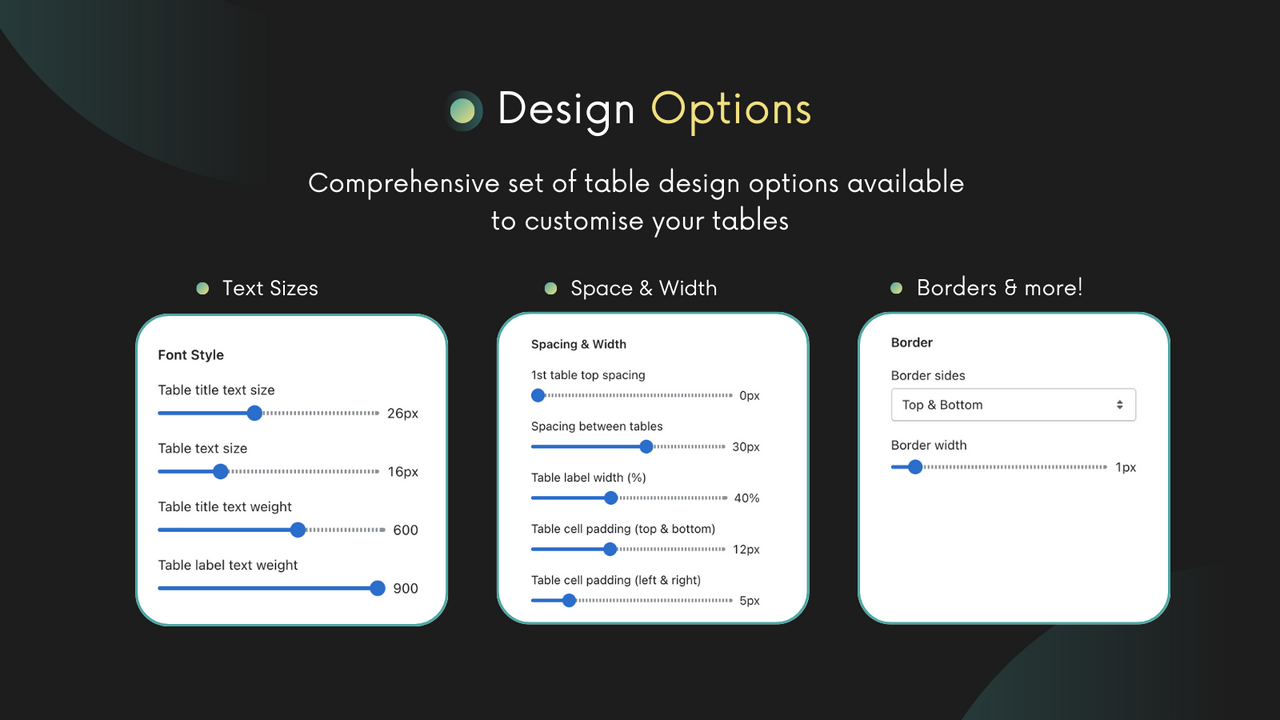 Paramètres de conception pour personnaliser votre table de spécifications