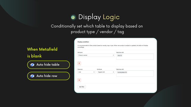 Toon spec tabel per product leveranciers, types en tags