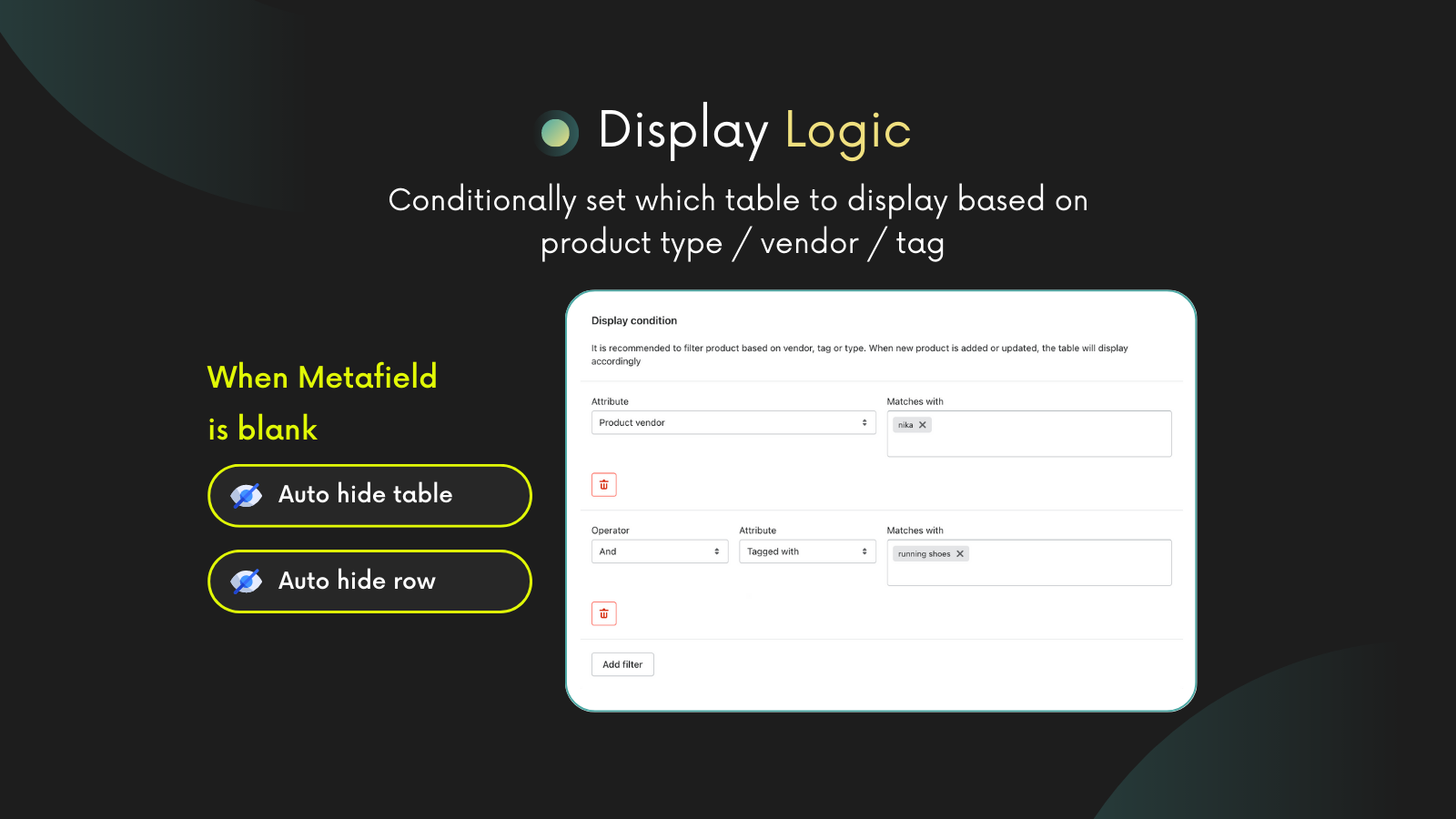 Display spec table by product vendors, types and tags