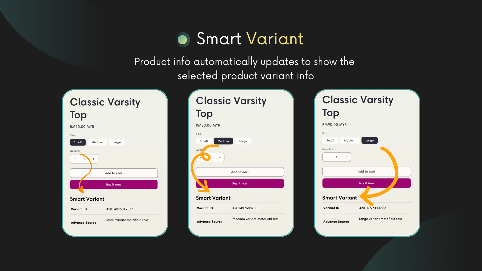 Información del producto mostrada de acuerdo a la variante seleccionada