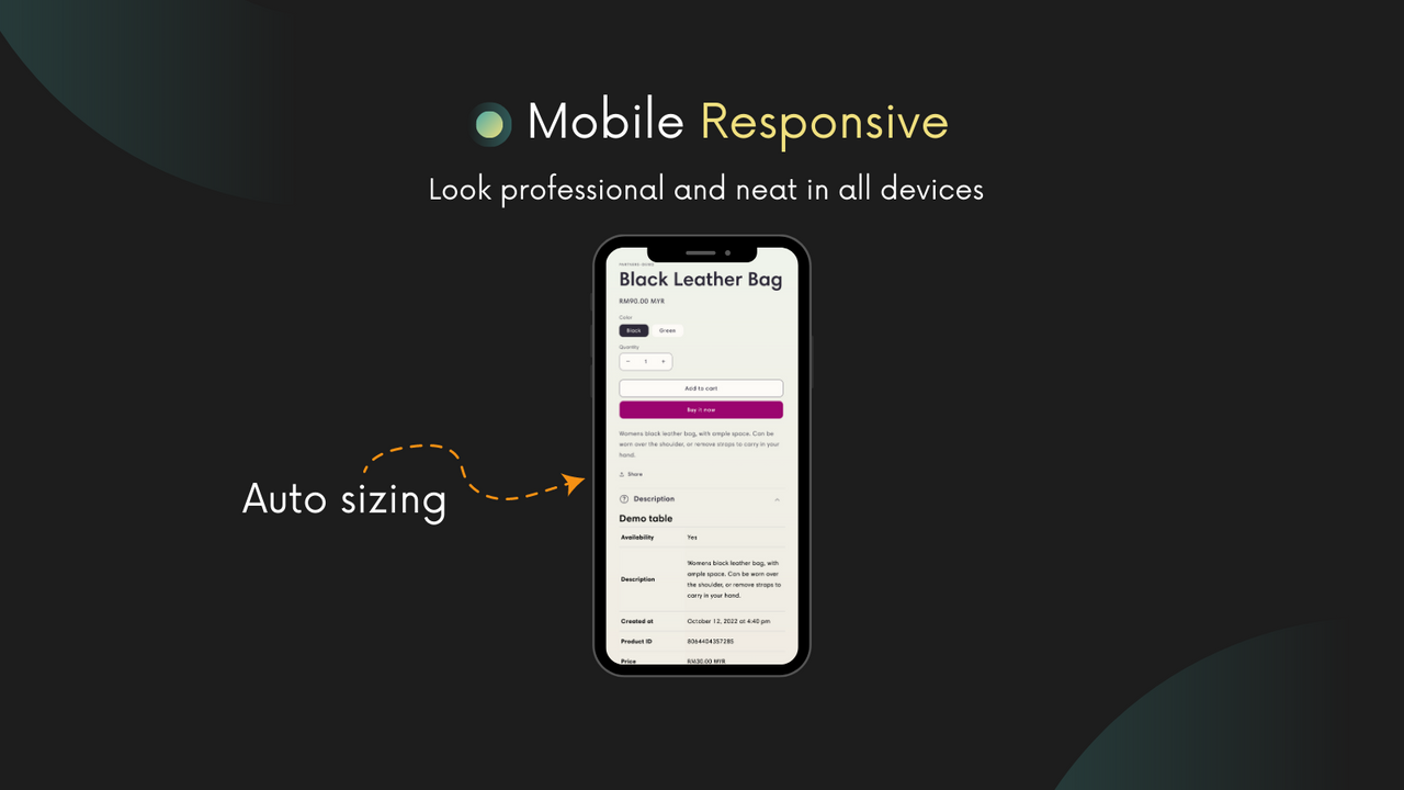 Responsive mobile. La table de spécifications s'adapte parfaitement à tous les appareils