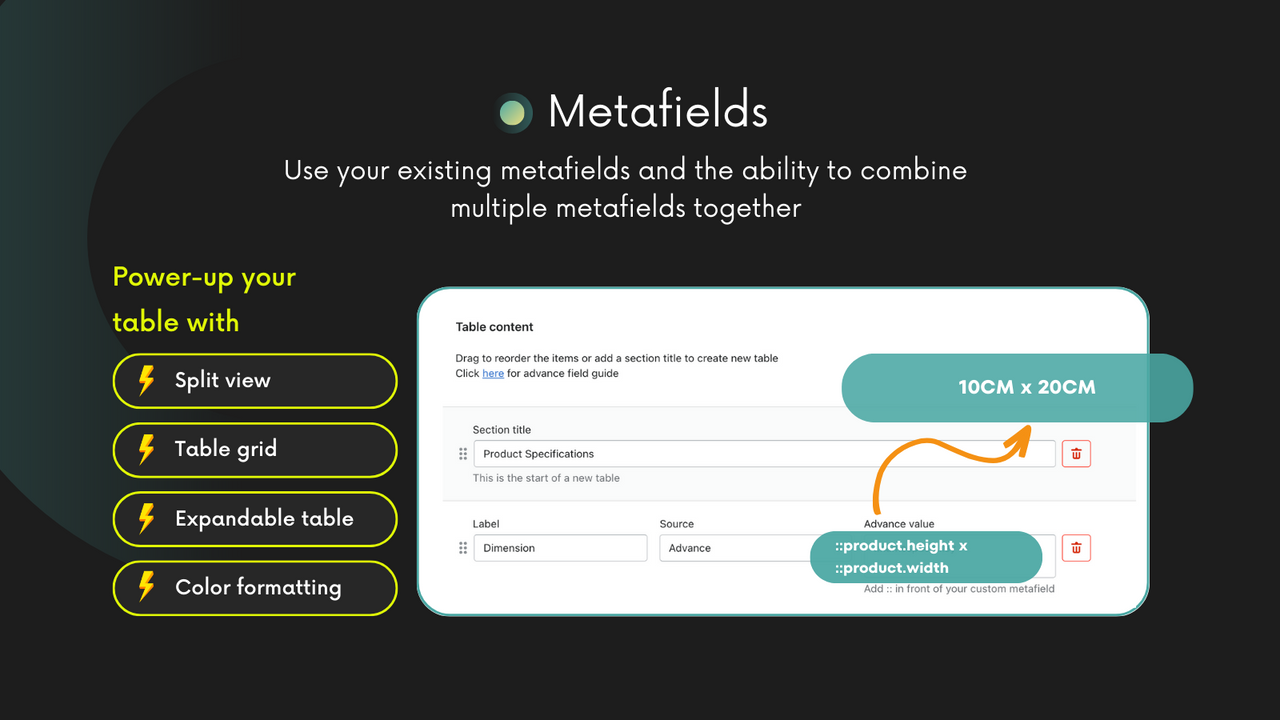 Metafields met geavanceerde waarde voor product specificaties tabel