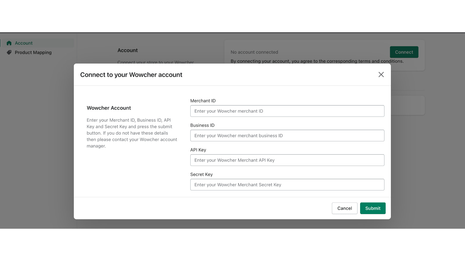 Form to connect your Wowcher account